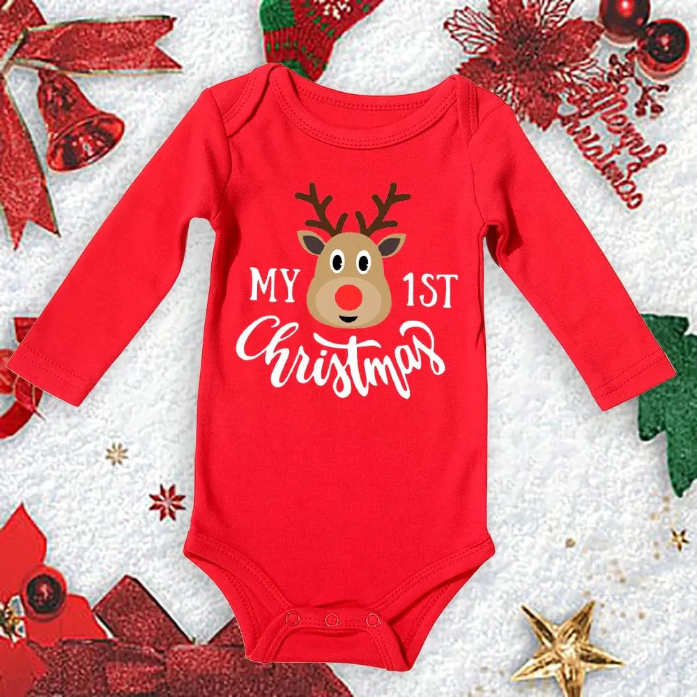 Red cotton Meniscounter My First Christmas baby bodysuit with festive design, perfect for newborns and toddlers on holiday occasions.