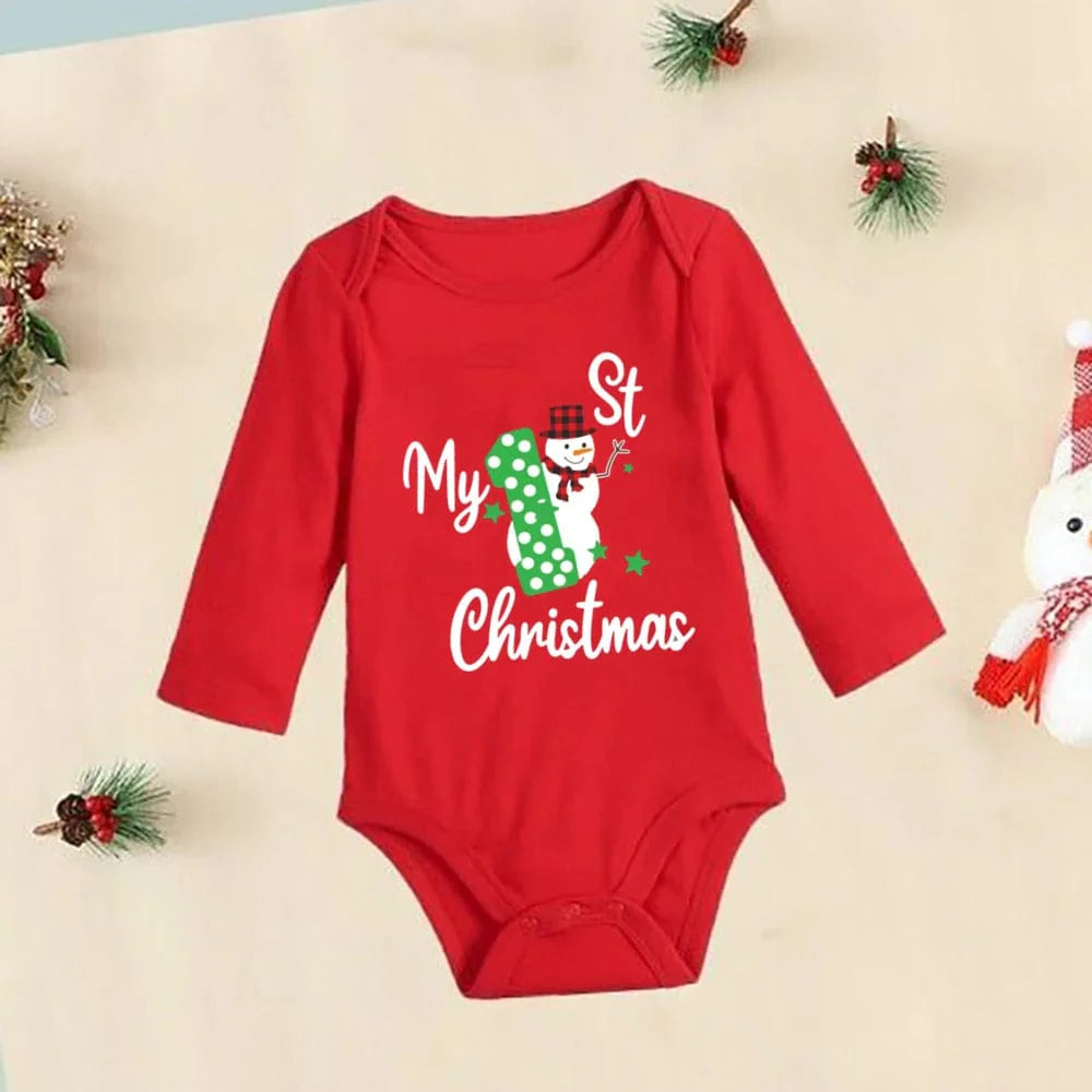 Red cotton baby bodysuit from Meniscounter My First Christmas collection, featuring festive holiday design for newborns and toddlers.