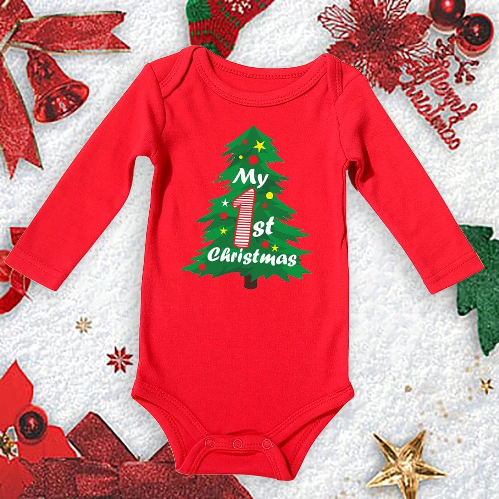 Red cotton My First Christmas baby bodysuit by Showlu Fashion Store, featuring festive design for newborns and toddlers.