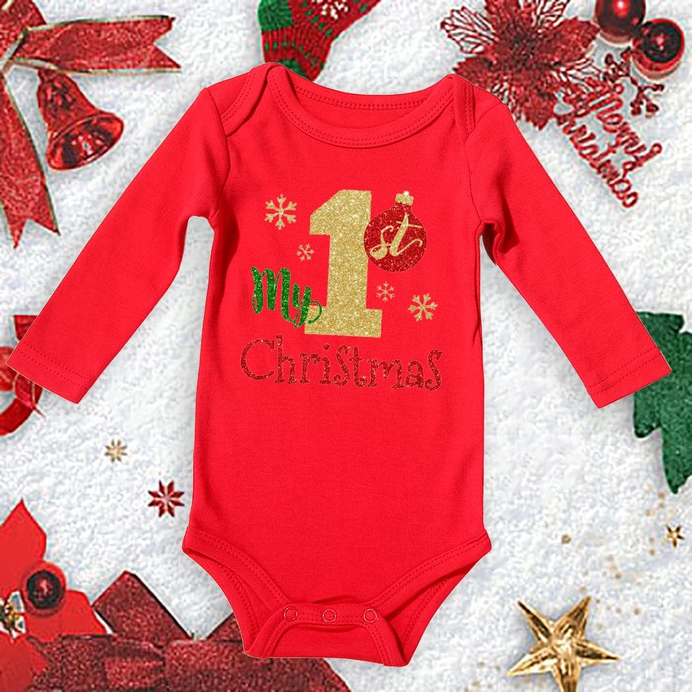 Red cotton baby bodysuit from Meniscounter My First Christmas collection, featuring festive print for newborns and toddlers.