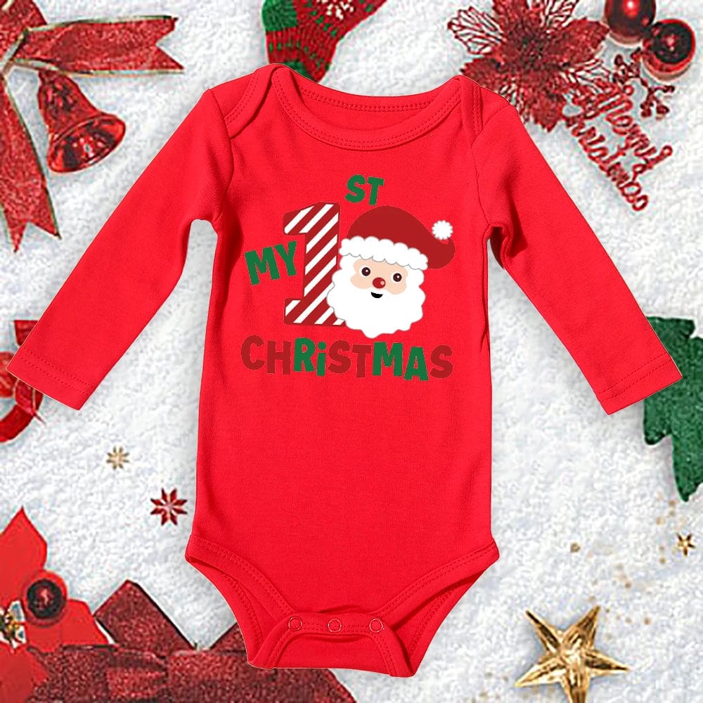 Red cotton My First Christmas baby bodysuit by Showlu Fashion Store, featuring festive design for newborns and toddlers.