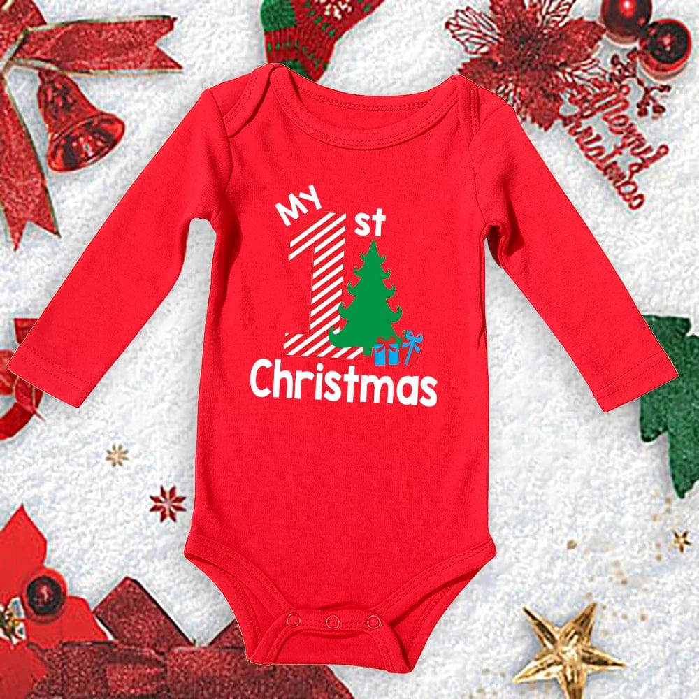 Red cotton Baby Bodysuit from Meniscounter My First Christmas collection, featuring festive design for newborns and toddlers.