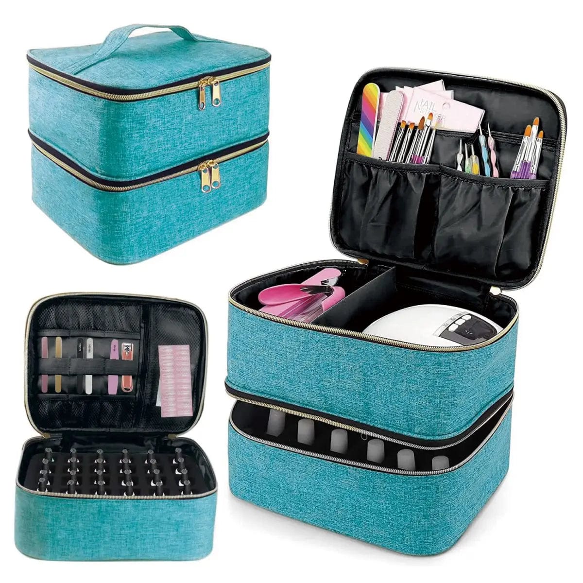 Showlu Double Layer Nail Polish Organizer Bag, portable cosmetic tote with multiple compartments for nail art supplies and essentials.