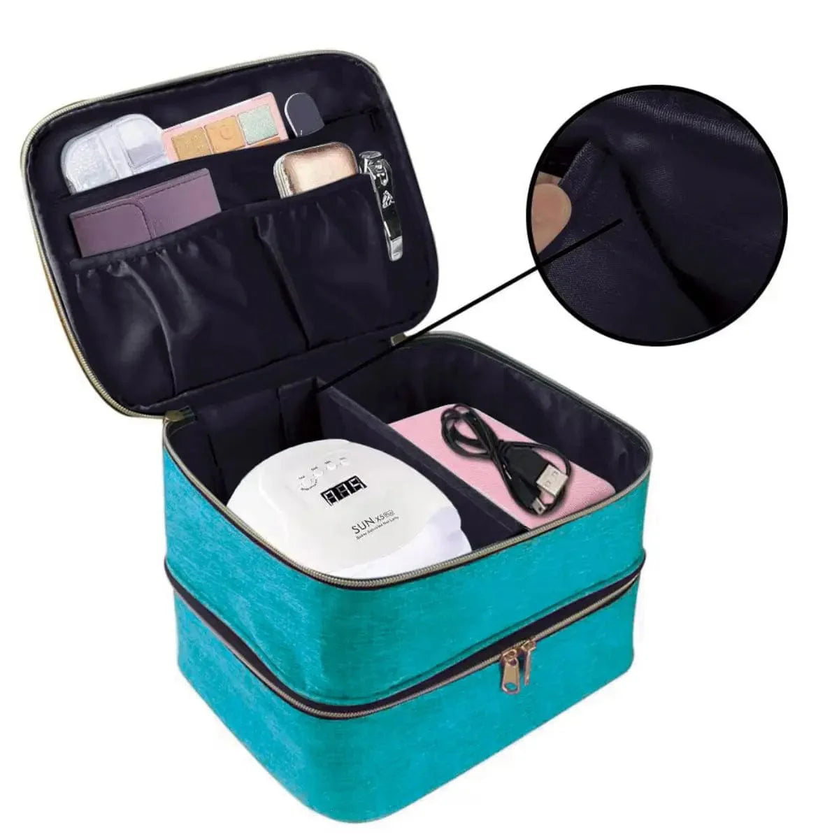 Showlu Double Layer Nail Polish Organizer Bag in handheld design, portable cosmetic tote for nail art and beauty essentials.