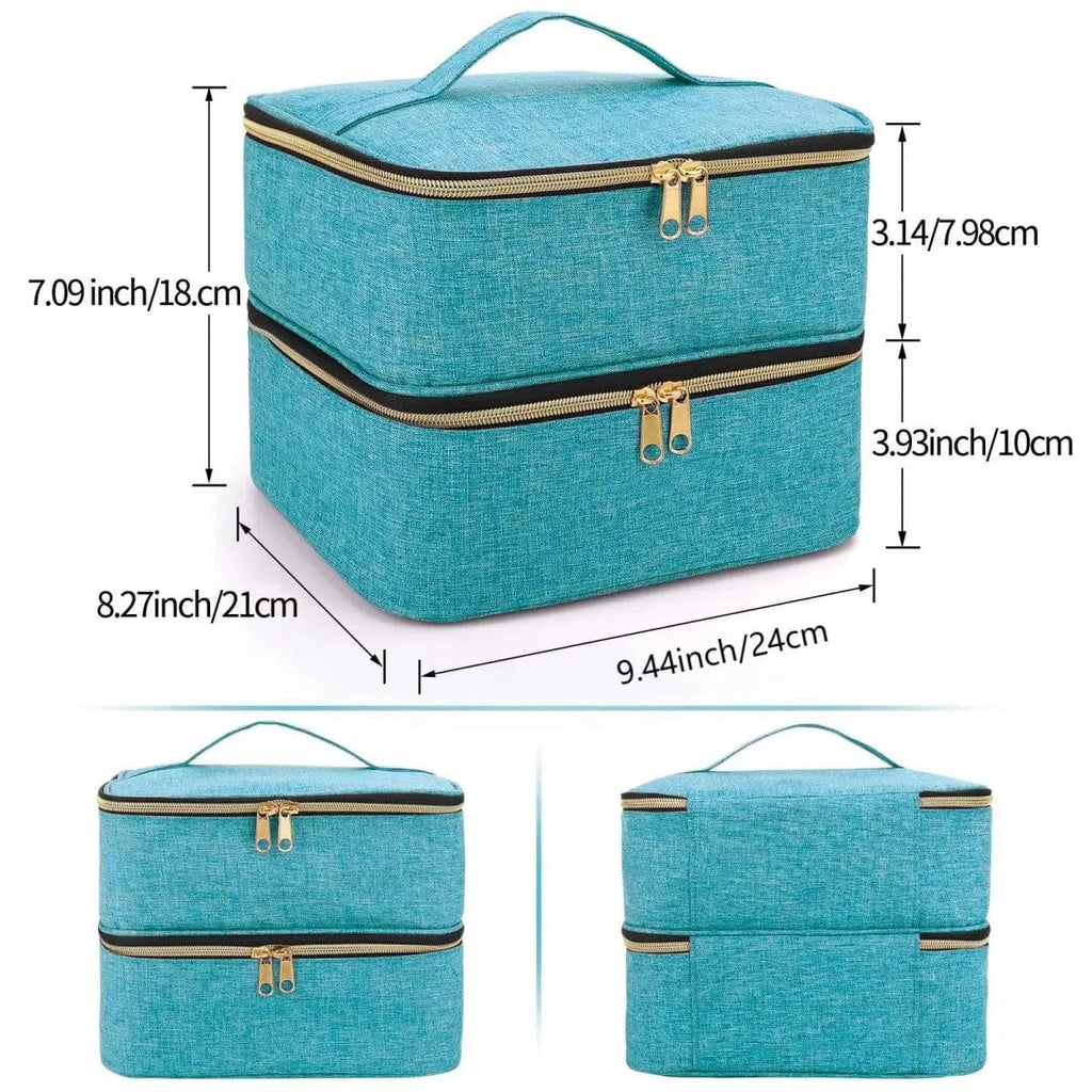 Showlu Double Layer Nail Polish Organizer Bag with handles, portable cosmetic tote for organizing nail polishes and beauty essentials.