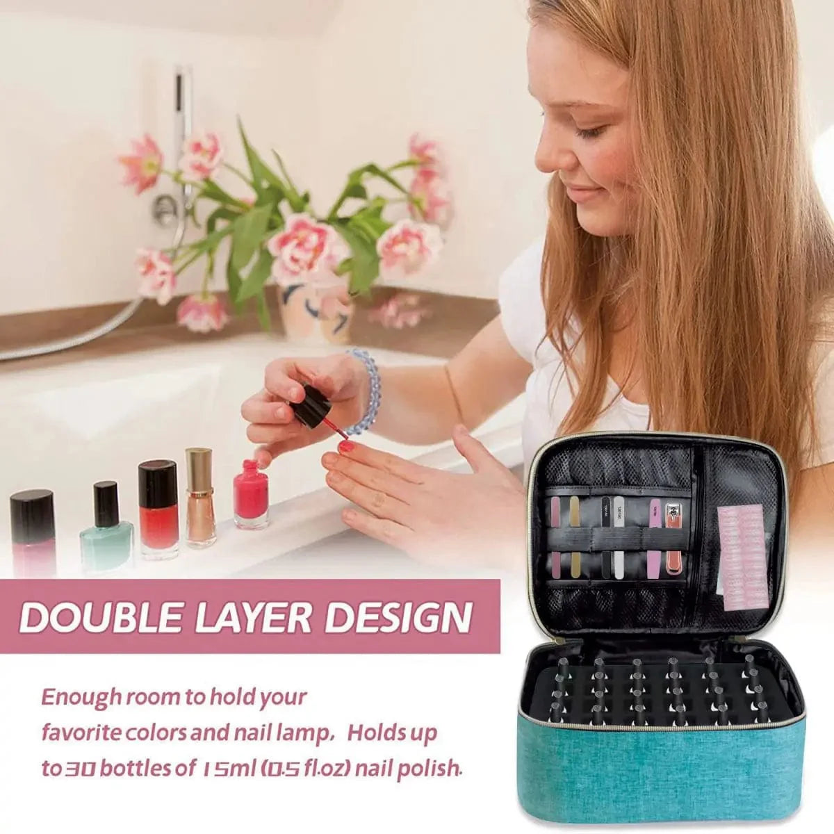 Showlu Double Layer Nail Polish Organizer Bag with handle, portable cosmetic tote for nail art and beauty essentials.