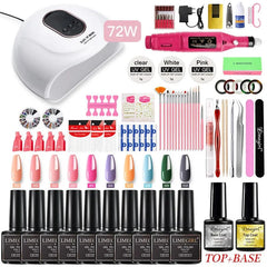 A comprehensive nail art kit featuring a UV LED lamp, electric drill, gel polishes, and tools.