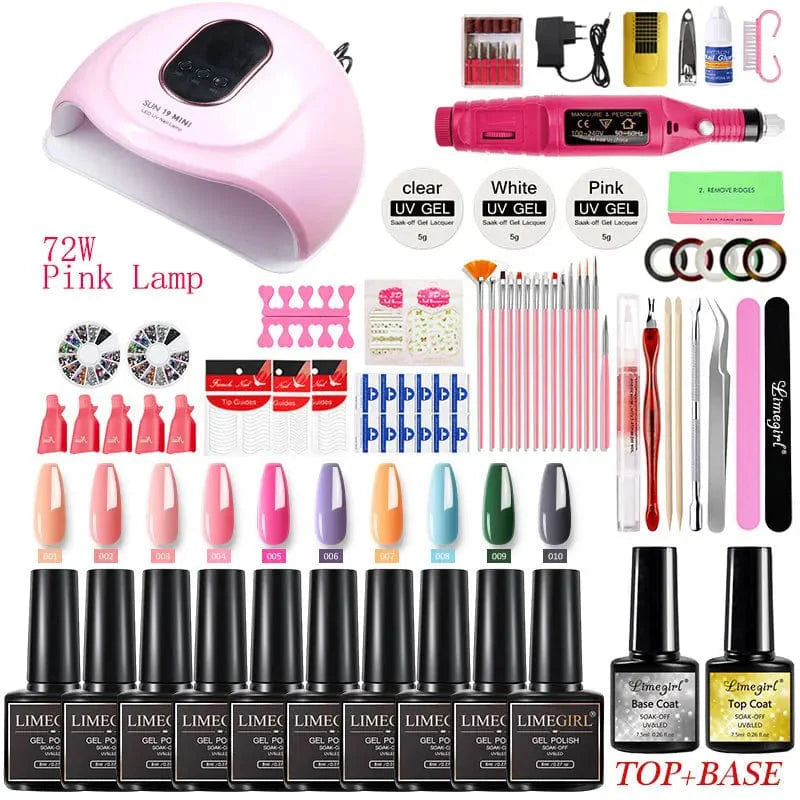 Showlu Professional Nail Art Kit with UV LED Lamp and Electric Drill Machine, featuring gel polish, manicure tools, and nail accessories.