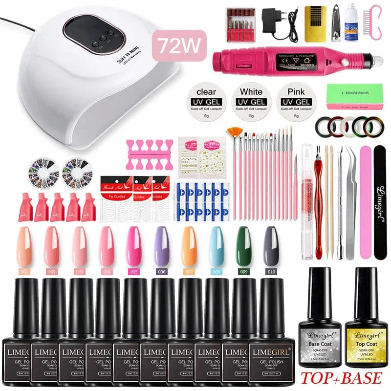Showlu Professional Nail Art Kit with UV LED lamp, electric drill, gel polish, and manicure tools for detailed nail design.