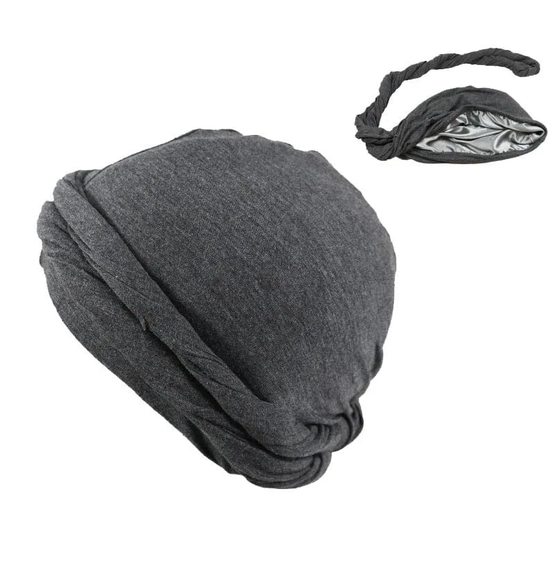 Showlu Fashion men's satin-lined elastic turban hat with solid bandana design, stretchy and stylish for casual or hip-hop fashion.
