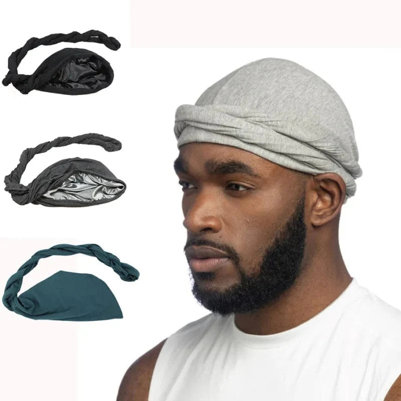 Showlu Fashion men's satin-lined elastic turban hat with a solid bandana style, stretchy fit, ideal for hip-hop or casual wear.