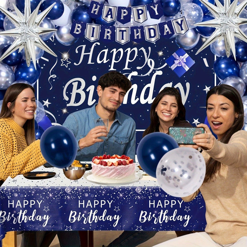 Showlu Navy Blue and Silver Birthday Decorations Kit with backdrop, featuring balloons, banners, confetti, and star-shaped decor.