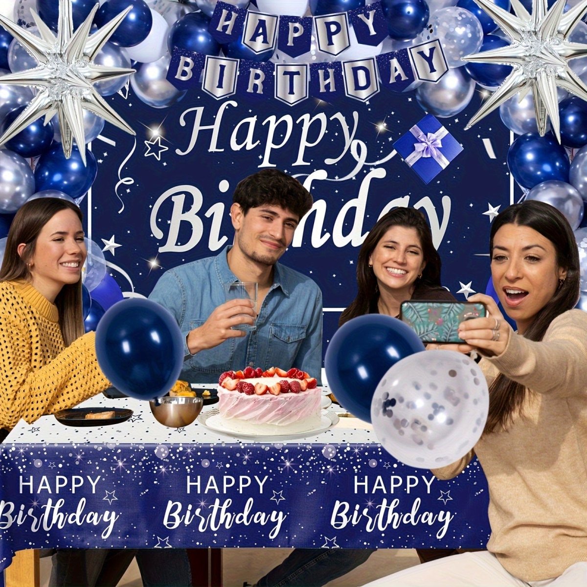 Showlu Navy Blue and Silver Birthday Decorations Kit with backdrop, featuring balloons, banners, confetti, and star-shaped decor.