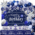 Showlu Navy Blue and Silver Birthday Decorations Kit with backdrop, including balloons, banners, and confetti for festive celebration.