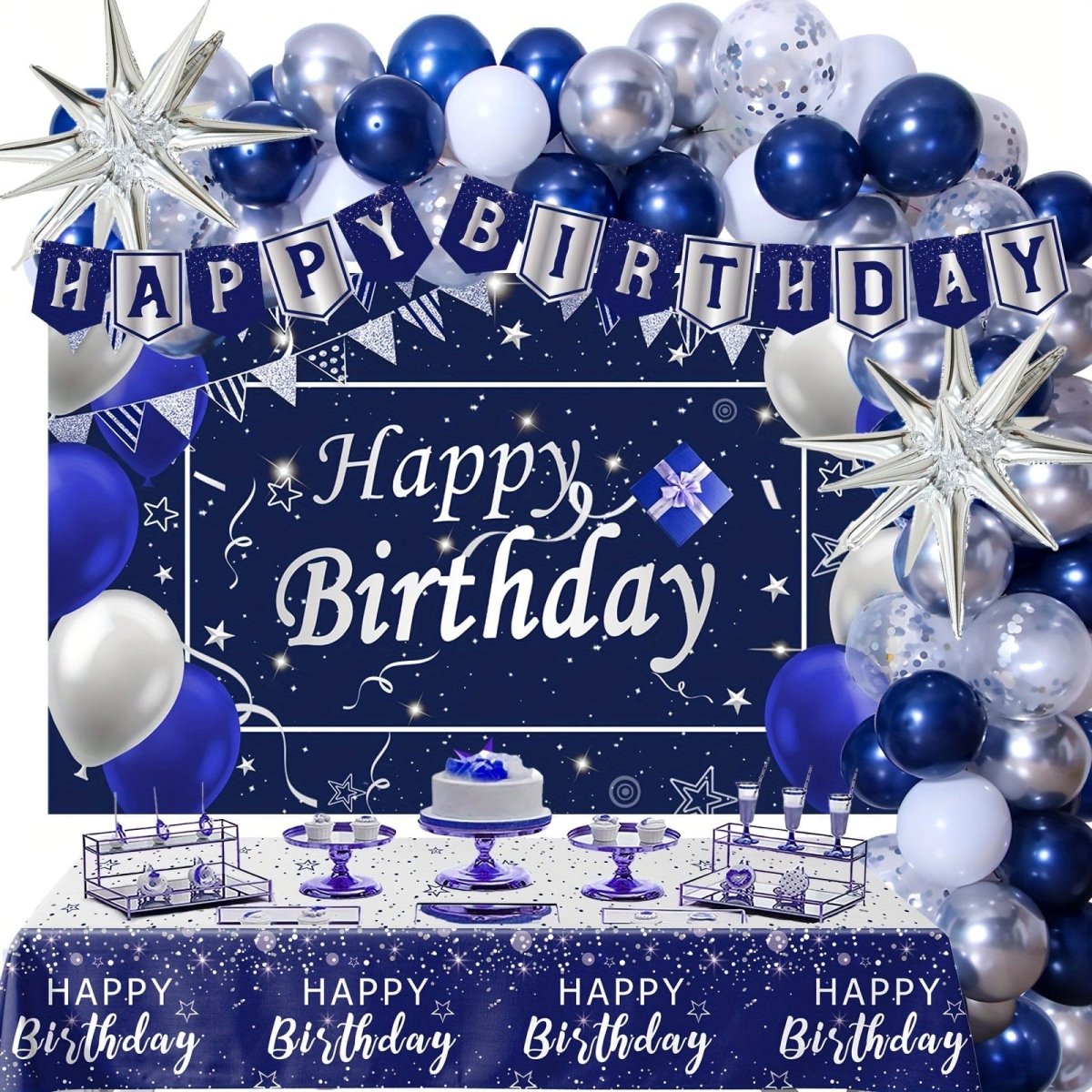 Showlu Navy Blue and Silver Birthday Decorations Kit with backdrop, including balloons, banners, and confetti for festive celebration.