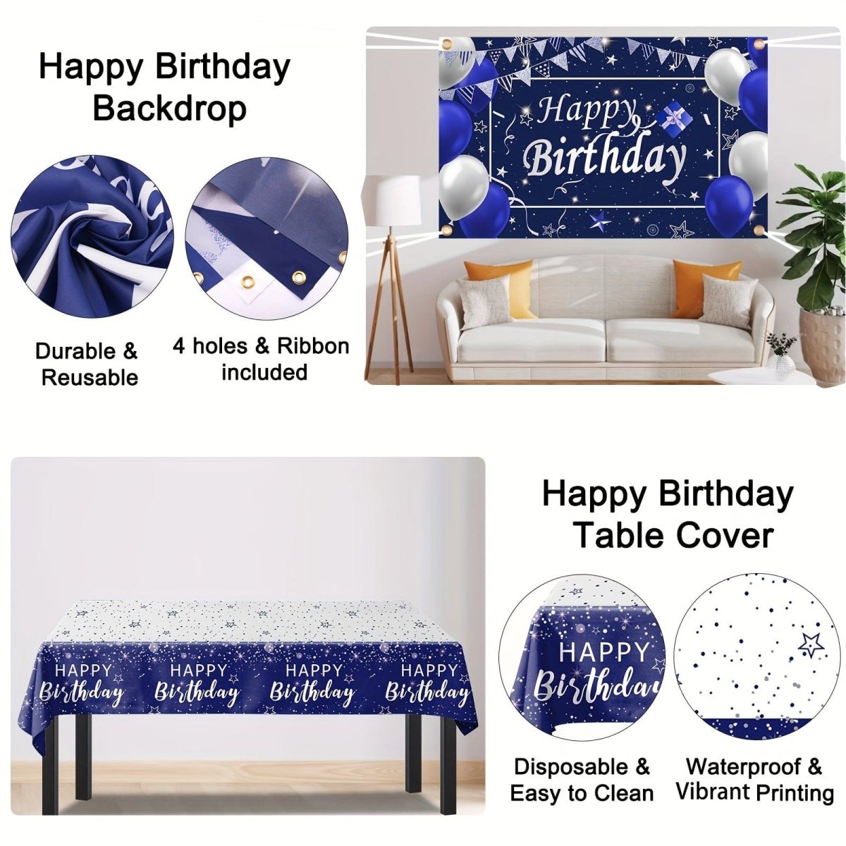 Showlu Navy Blue and Silver Birthday Decorations Kit with backdrop, featuring balloons, banners, confetti, and star-shaped decor.