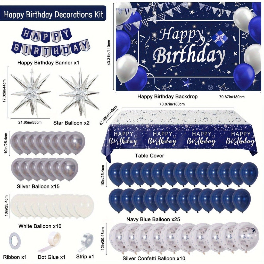 Showlu Navy Blue and Silver Birthday Decorations Kit with backdrop, including banners, confetti, and star-shaped decor for celebrations.
