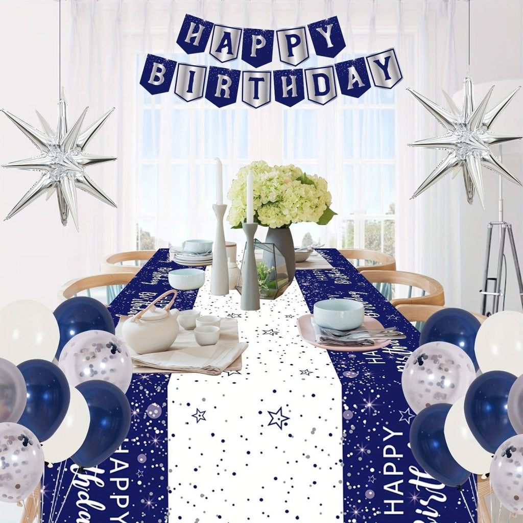 Showlu navy blue and silver birthday decorations kit with backdrop, including balloons, banners, confetti, and star-shaped accents.