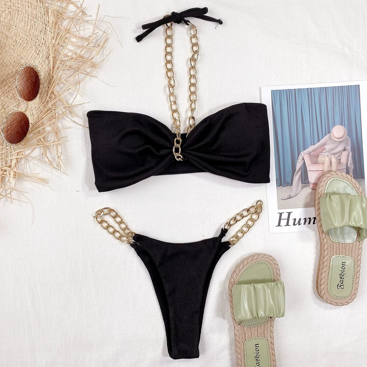 Showlu Fashion high-cut beach bikini with a stylish neck hanging chain, perfect for trendy swimwear and beachwear looks.