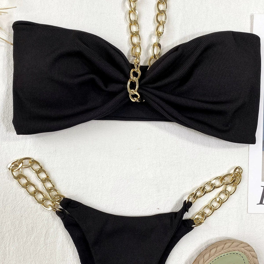 Showlu Fashion high-cut bikini with a stylish neck hanging chain, perfect for beachwear and sunbathing.