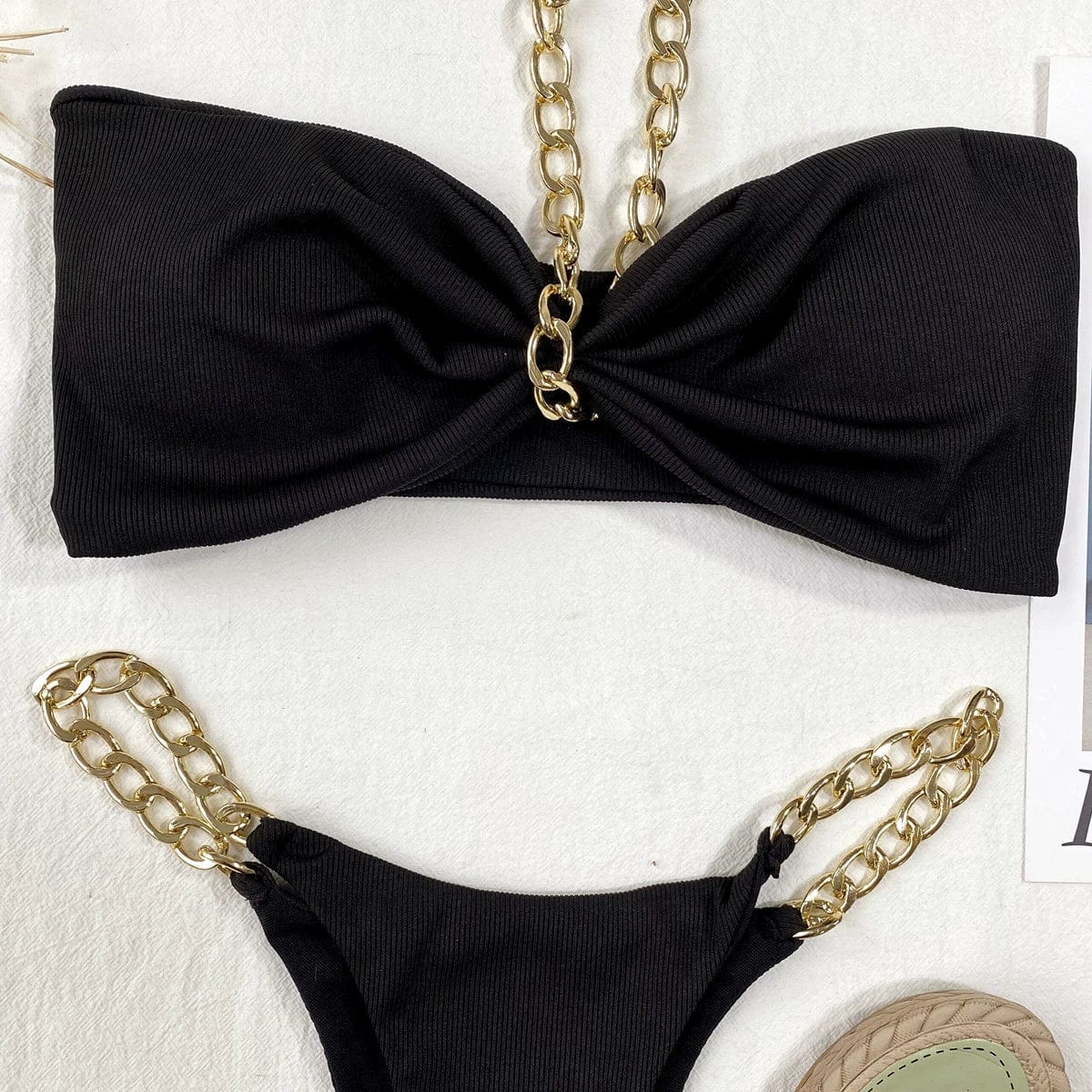 Showlu Fashion high-cut bikini with a stylish neck hanging chain, perfect for beachwear and sunbathing.