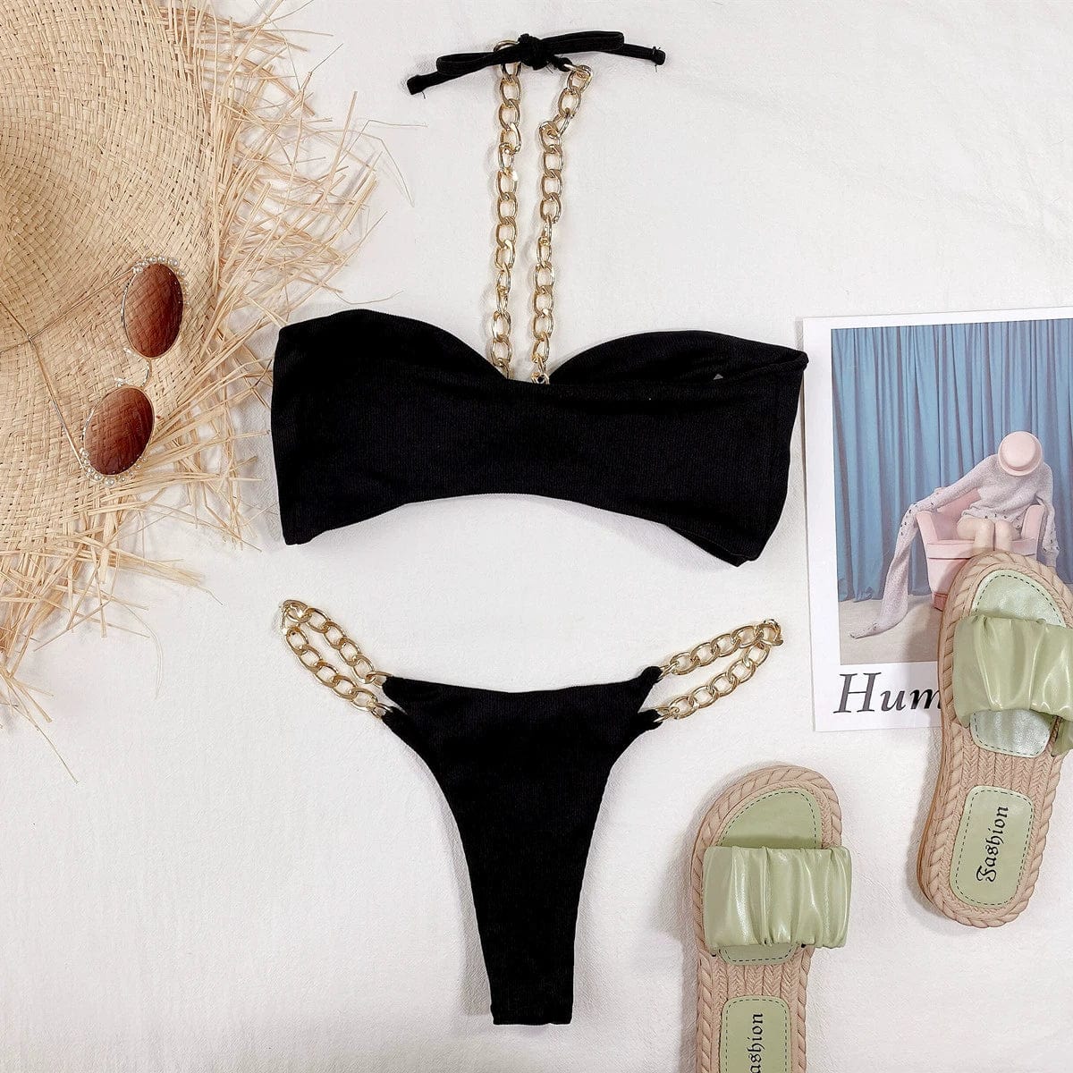 Showlu Fashion high-cut bikini with a stylish neck hanging chain, perfect for beachwear and sunbathing.