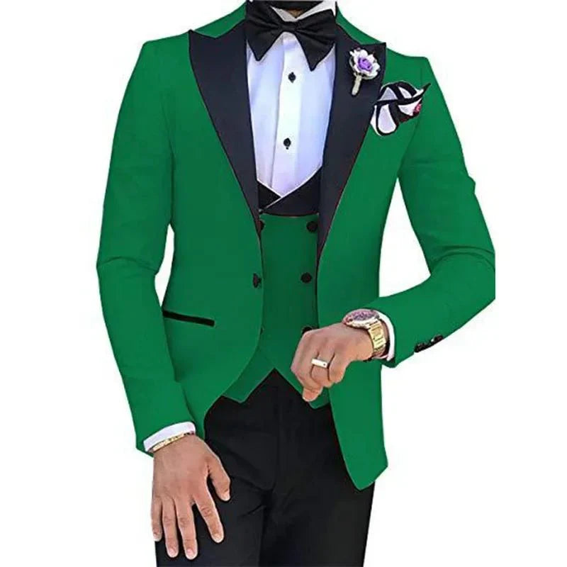 Showlu Fashion Store men's slim-fit three-piece suit, formal wedding and business attire, with tailored jacket, vest, and trousers.