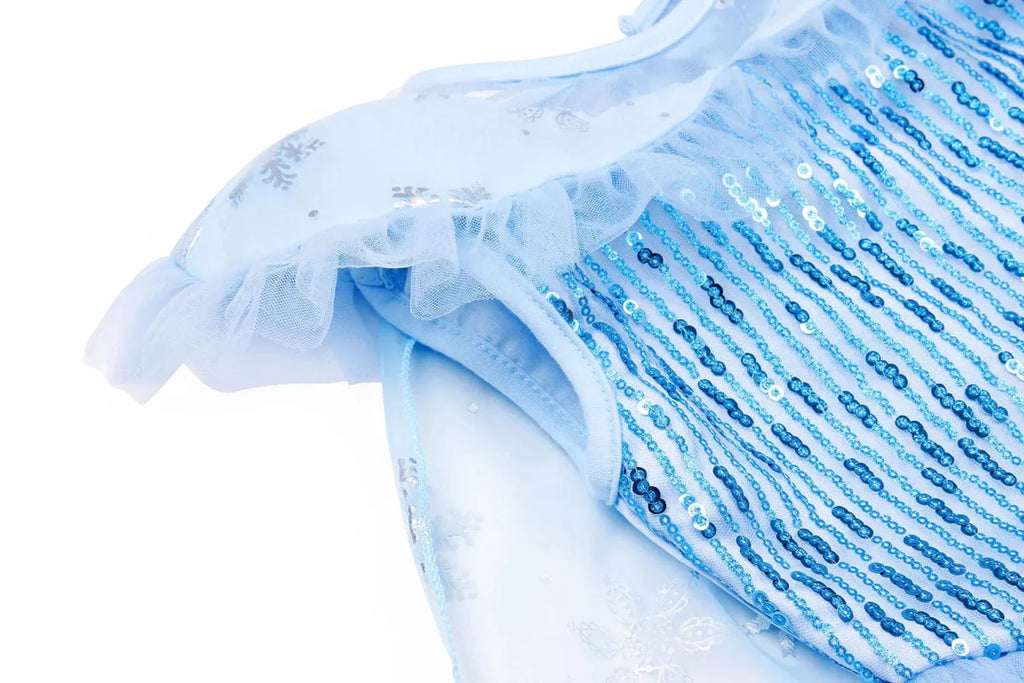 Showlu Girls Elsa Princess Dress in blue, with sparkly details, perfect for Halloween, cosplay, or birthday parties, designed for kids.