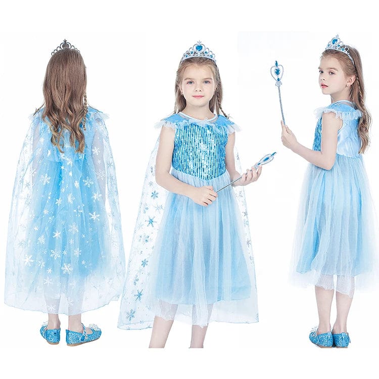 Showlu Girls Elsa Princess Dress in blue, featuring a sparkling bodice and flowing skirt, perfect for Halloween, parties, and cosplay.