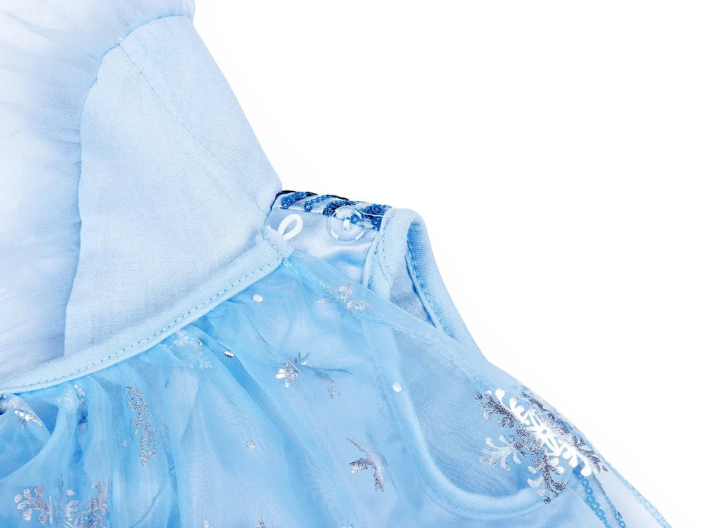 Showlu Girls Elsa Princess Dress in blue, featuring a sparkling gown with a cape for Halloween, cosplay, or birthday parties.
