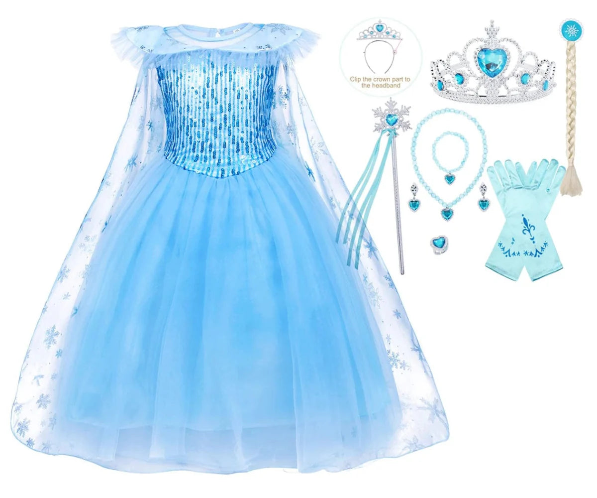 Girls Elsa princess dress in blue, featuring a detailed bodice and flowing skirt, ideal for Halloween, cosplay, or birthday parties.