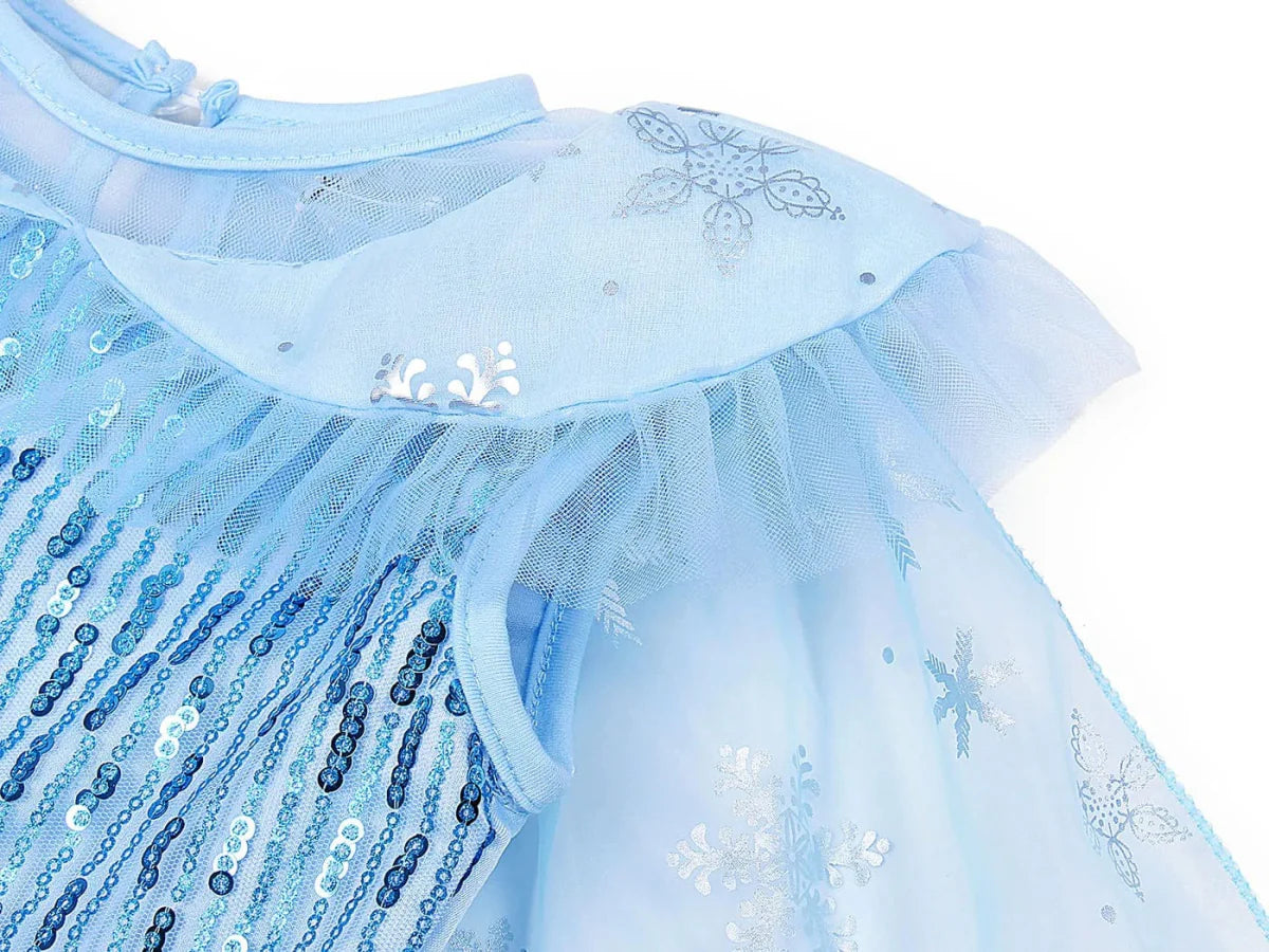 Showlu Girls Elsa Princess Dress in blue, featuring a flowing gown with sparkling details, perfect for Halloween, cosplay, and parties.