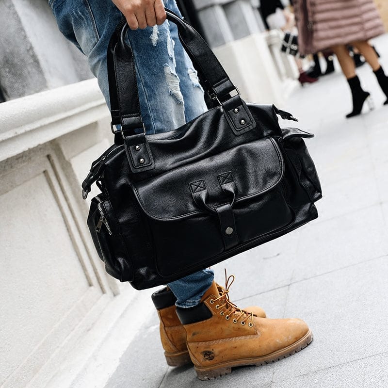 Large capacity men's PU leather business backpack by Showlu Fashion, 14-inch size, with multiple compartments and sleek design.