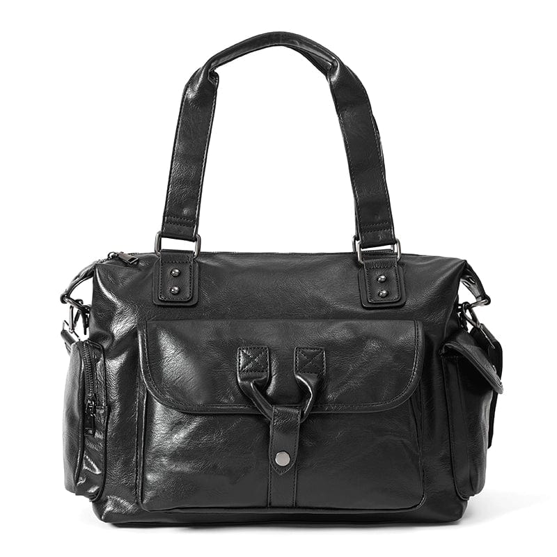 Large capacity men's PU leather business backpack with multiple compartments and padded shoulder straps, suitable for travel.