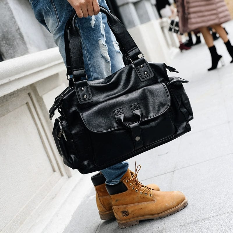 Large capacity men's PU leather business backpack with multiple compartments, suitable for travel and daily use, 14-inch size.