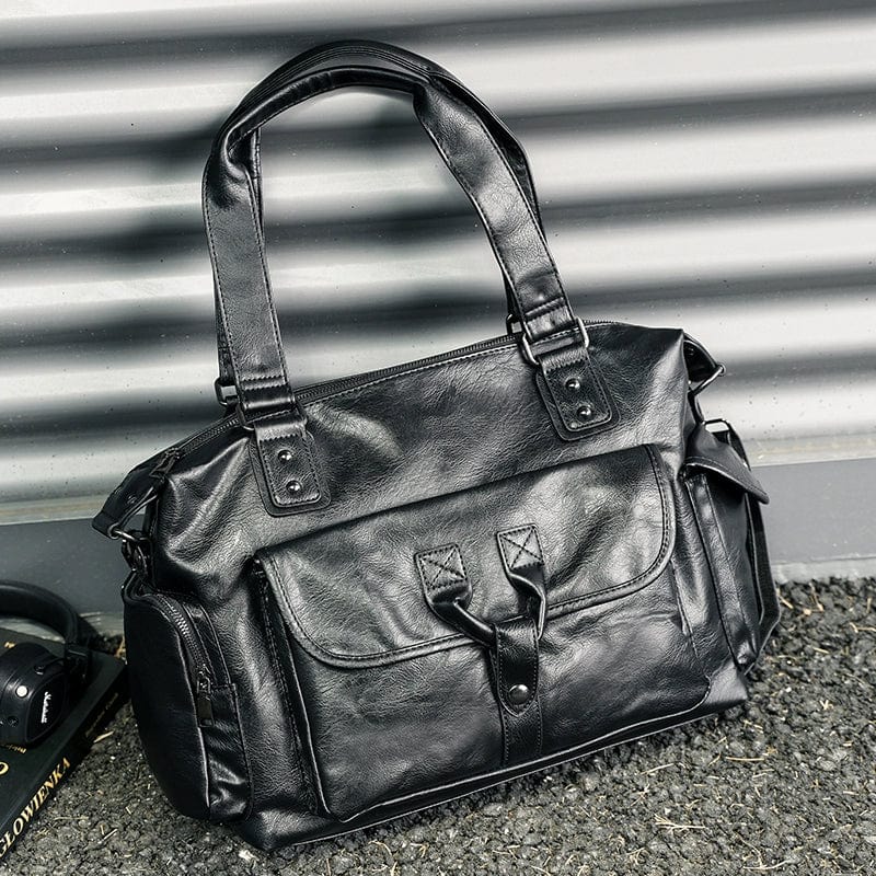 Showlu Fashion Men's large capacity PU leather business backpack with 14-inch size, featuring multiple compartments and a sleek design.