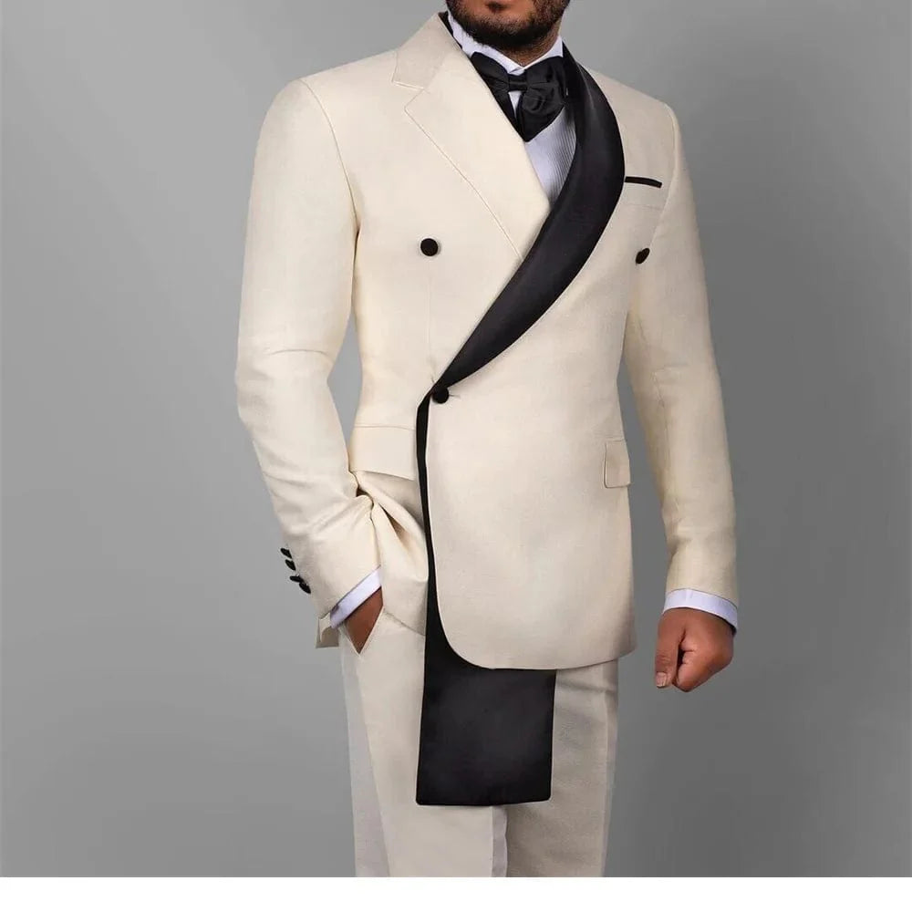 Slim fit men's cotton linen wedding tuxedo with notch and shawl lapel blazer, stylish 2-piece suit for formal occasions.