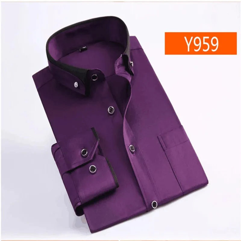 Showlu Fashion Store men's long-sleeve dress shirt in plus size, made of cotton, with a classic collar and button-front design.