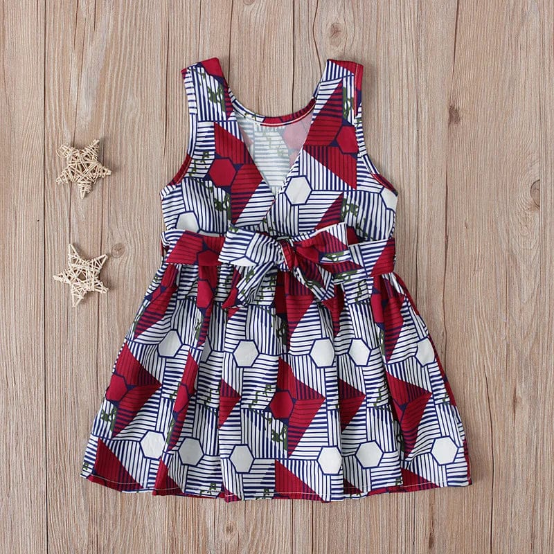 Showlu Fashion Store girls' African V-neck sleeveless summer dress with colorful polyester print, perfect for warm weather.
