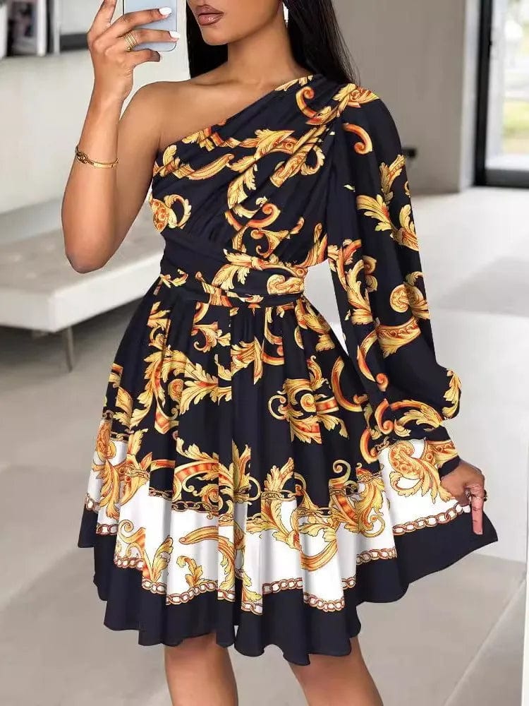 Owner Girl Boho Print Off-Shoulder A-Line Dress by SHOWLU FASHION STORE, spring polyester dress with off-shoulder, casual and elegant style.