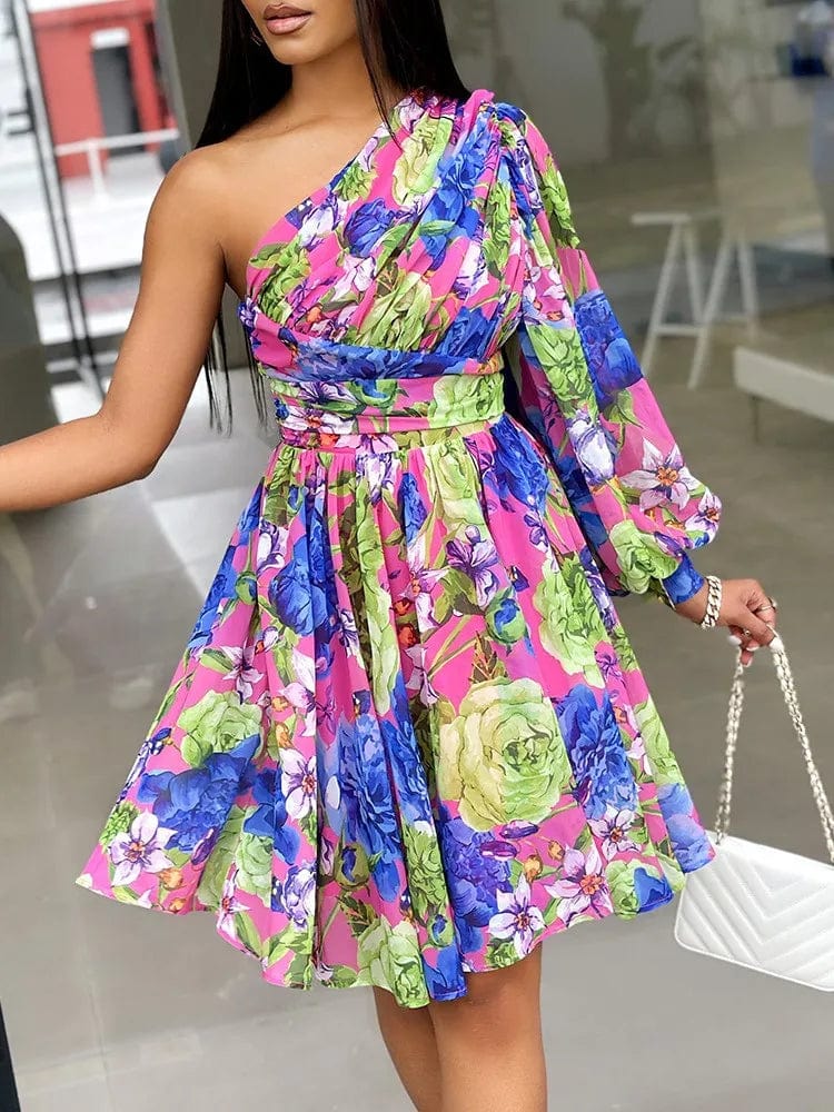 Owner Girl Boho print off-shoulder A-line dress in spring polyester, featuring a stylish and elegant casual design for women.