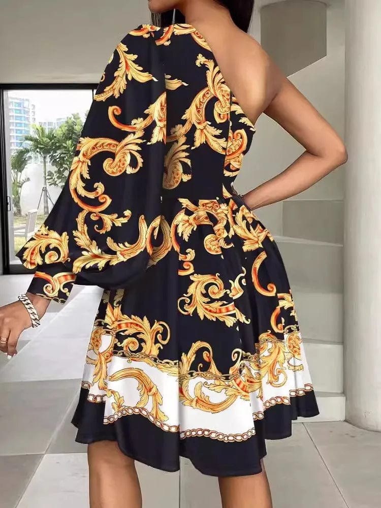 Owner Girl Boho print off-shoulder A-line dress by SHOWLU FASHION STORE, spring polyester casual and party dress for women.