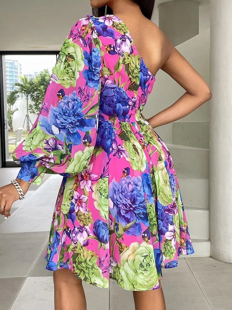 Showlu Fashion Store boho print off-shoulder A-line dress for women, spring polyester casual and elegant party or office wear