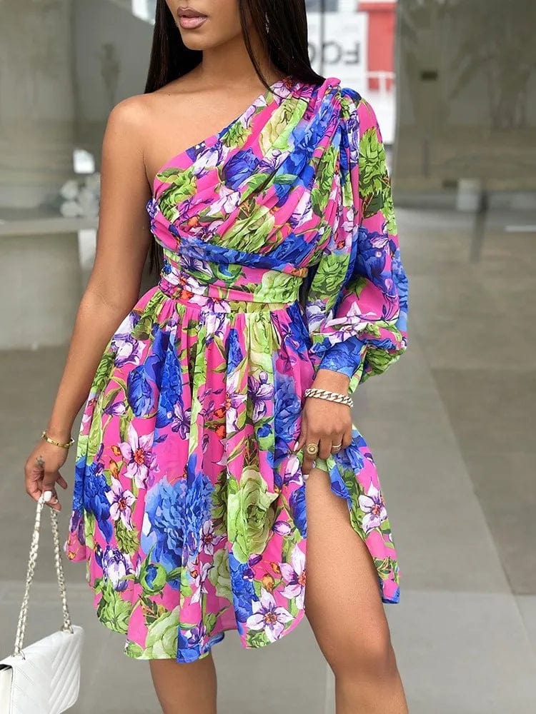 Showlu Fashion Store boho print off-shoulder A-line dress for women, perfect for spring casual or party occasions.