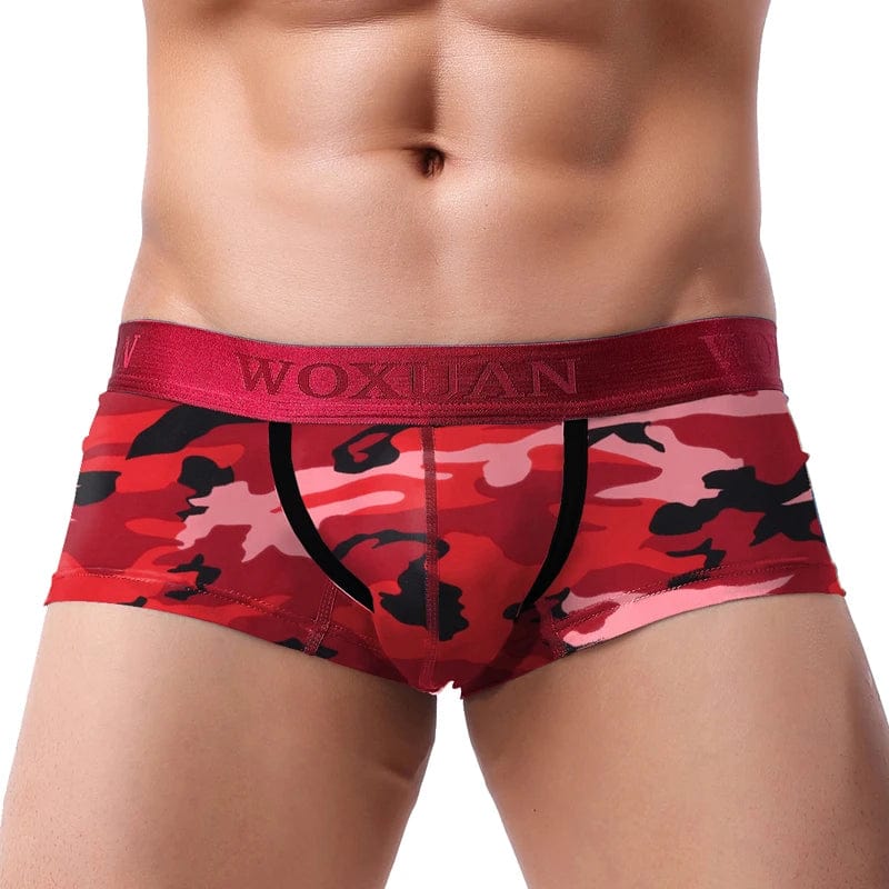 Showlu men's cotton breathable boxer shorts with U-convex pouch, printed leaf design, suitable as comfortable men's underwear.