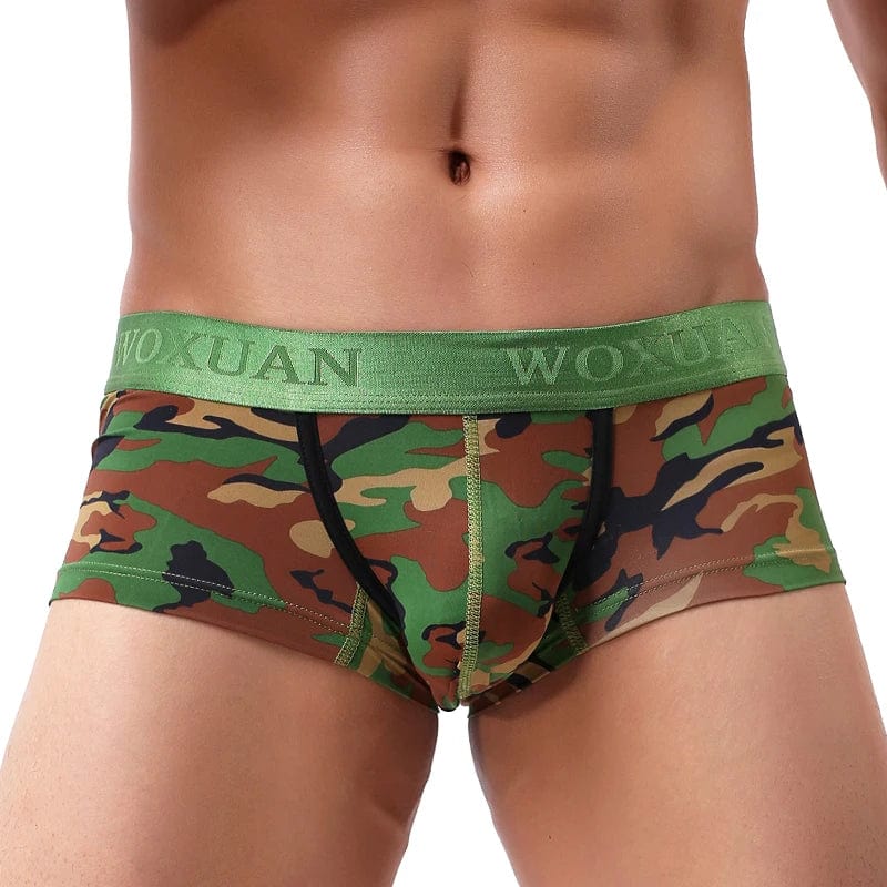 Showlu men's cotton breathable boxer shorts with U-convex pouch, printed leaf design, comfortable underwear for men.