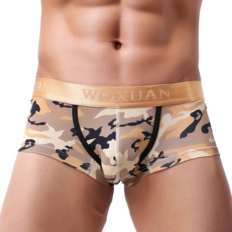 Showlu men's cotton breathable boxer shorts with U-convex pouch, printed leaves design, comfortable men's underwear.