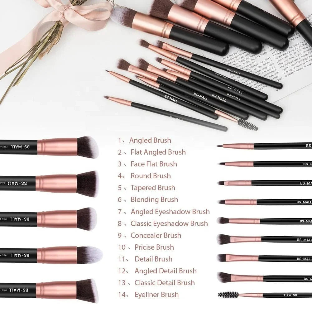 BS-MALL 14-piece rose gold synthetic makeup brush set with face blending brushes for flawless cosmetic application