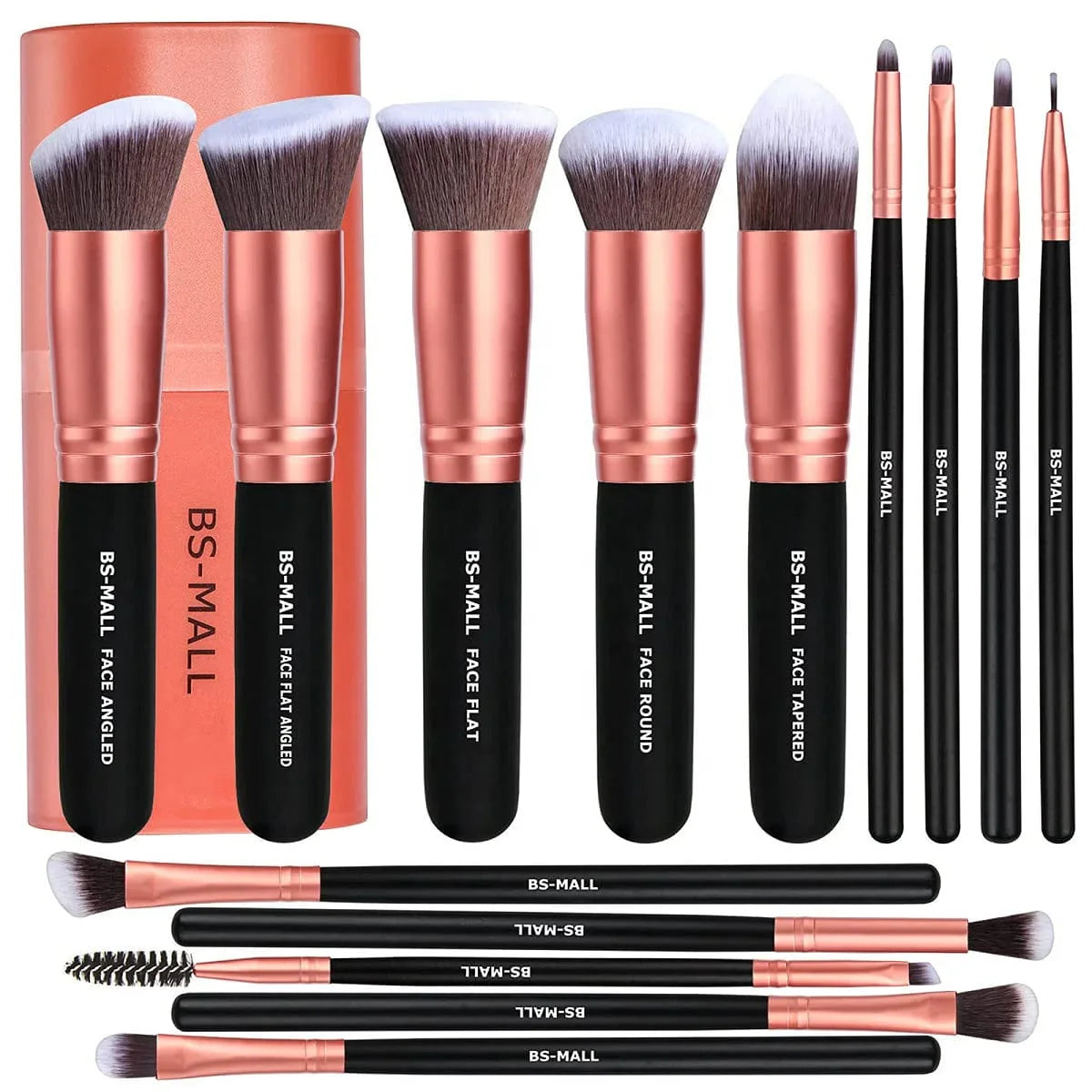 Set of 14 rose gold synthetic makeup brushes from BS-MALL, including face and blending brushes for professional makeup application.