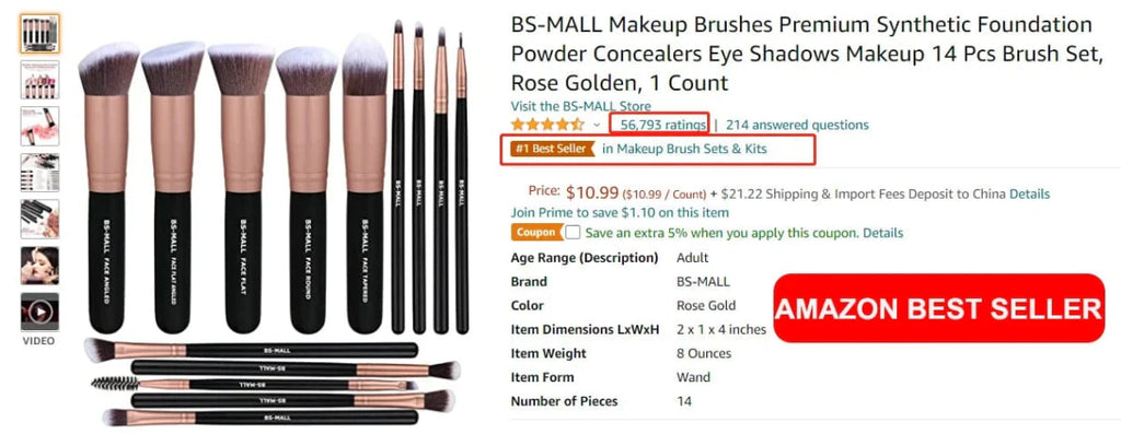 BS-MALL 14-piece rose gold synthetic makeup brush set with face and blending brushes for professional cosmetic application.